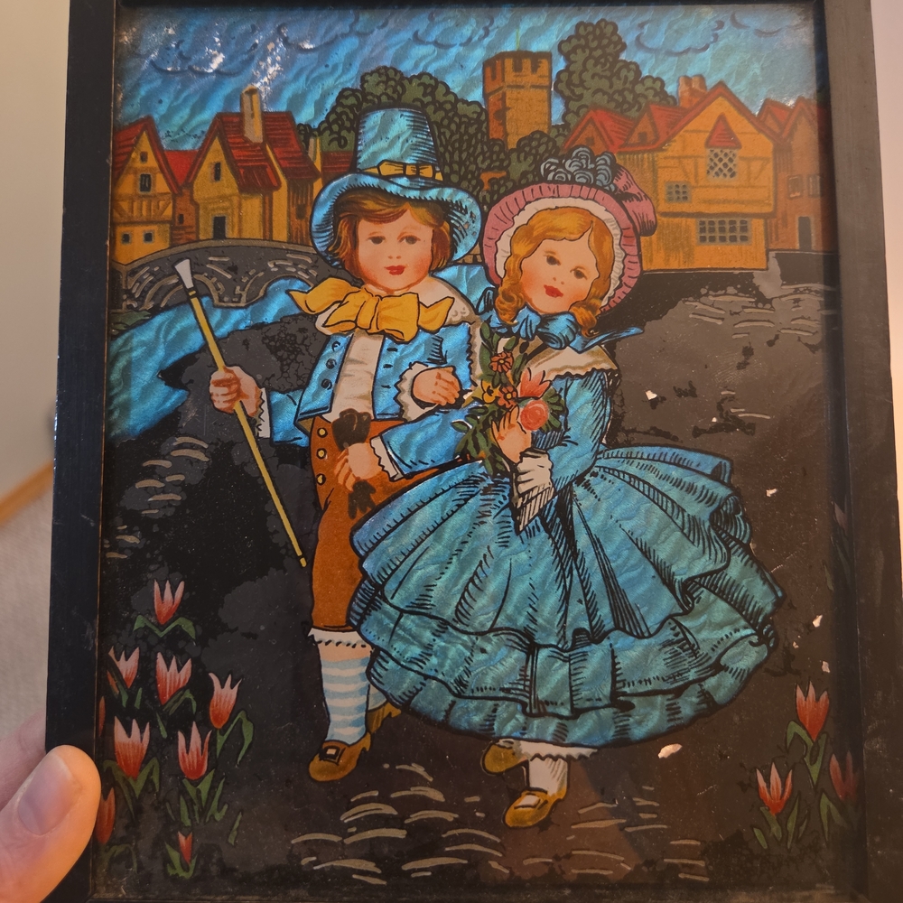 Charming Vintage Style Art Print with Blue and Brown Accents